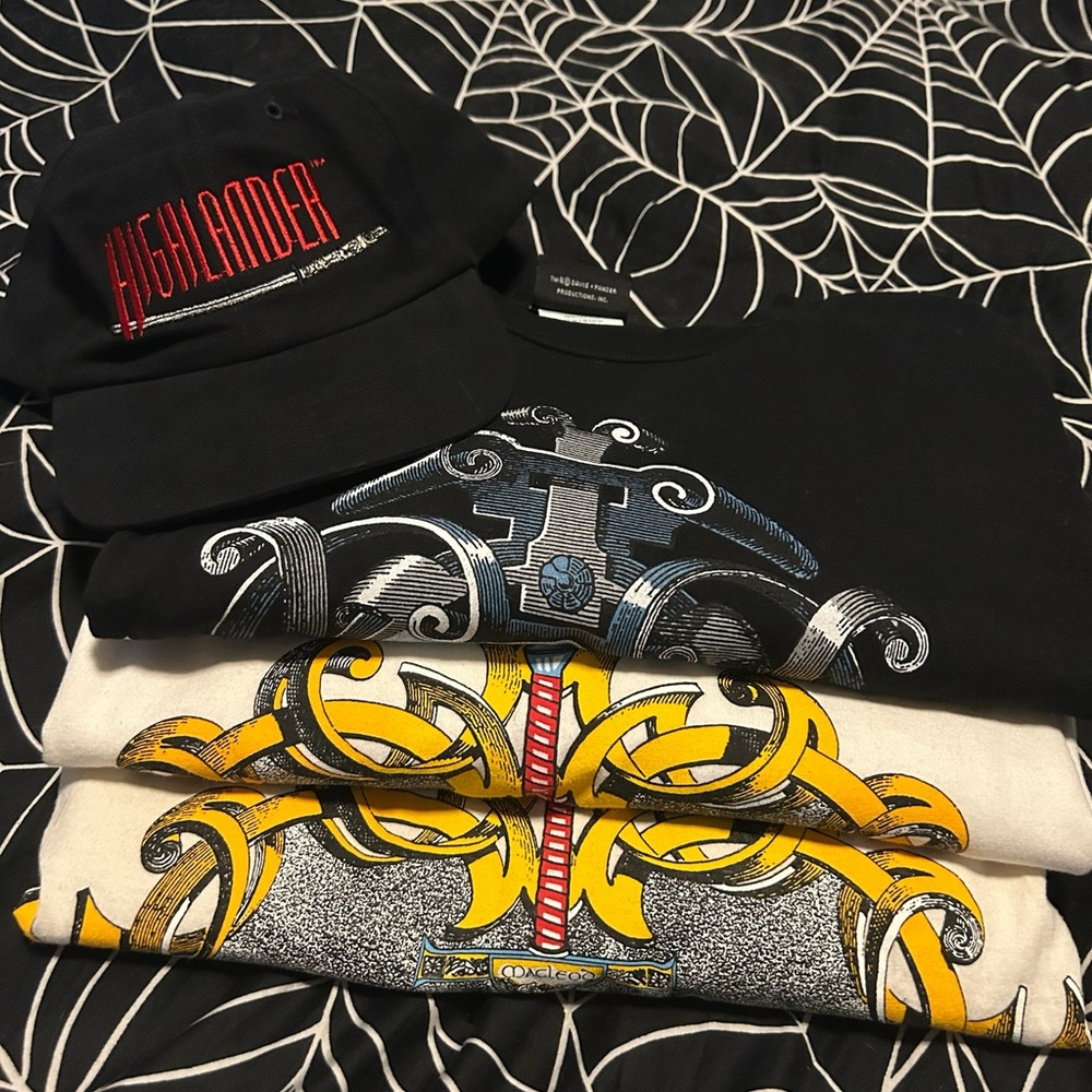 Vintage 90s Highlander Show Bundle Embroidered Black Cap + 3 Graphic Tees Stack